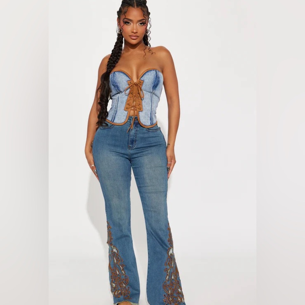 Fashion Nova Glow Up Embroidered Stretch Flare Jeans - Medium Wash